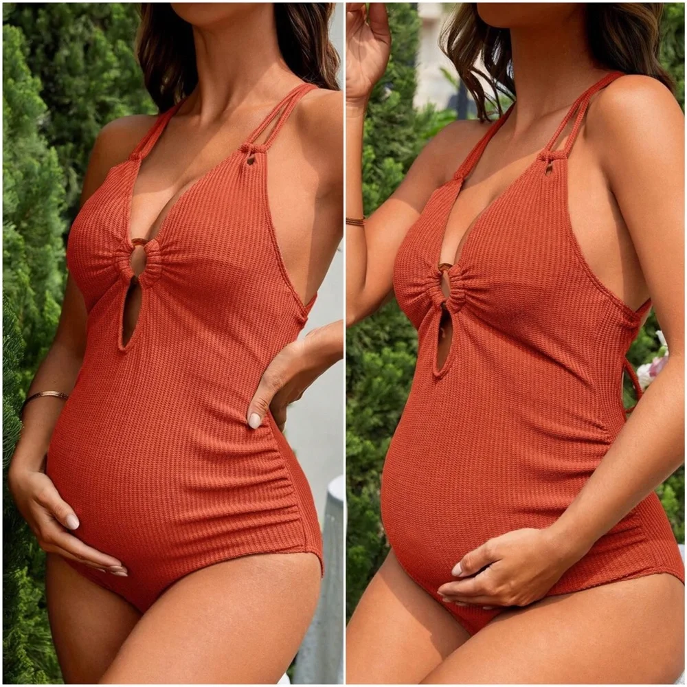 Maternity Ribbed Criss Cross Lace up Monokini One Piece Swim - Picture 4 of 4